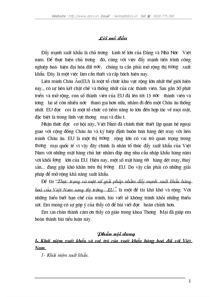 Thực trạng và một số giải pháp nhằm đẩy mạnh xuất khẩu hàng hoá của Việt Nam sang thị trường EU