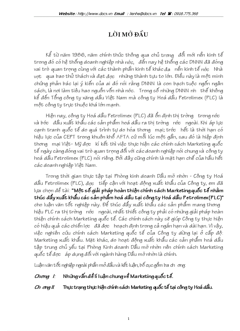 1số giải pháp hoàn thiện chính sách Marketing quốc tế nhằm thúc đẩy xuất khẩu các sản phẩm hoá dầu tại Công ty Hoá dầu Petrolimex PLC