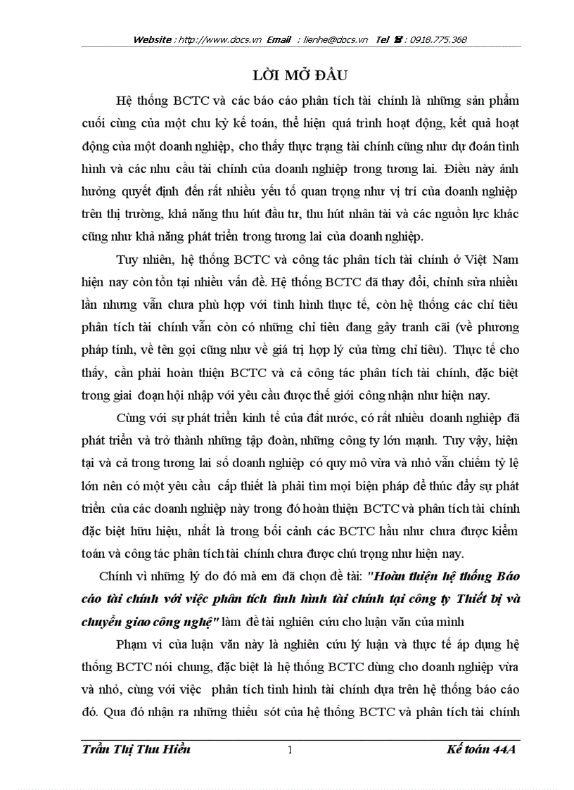 Hoàn thiện hệ thống Báo cáo tài chính với việc phân tích tình hình tài chính tại công ty Thiết bị và chuyển giao công nghệ
