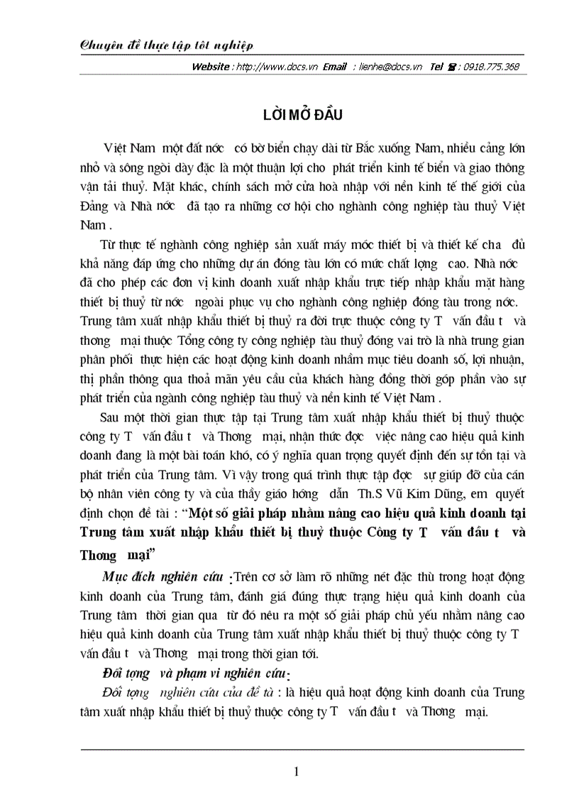 Một số giải pháp nhằm nâng cao hiệu quả kinh doanh tại Trung tâm xuất nhập khẩu thiết bị thuỷ thuộc Công ty Tư vấn đầu tư và Thương mại