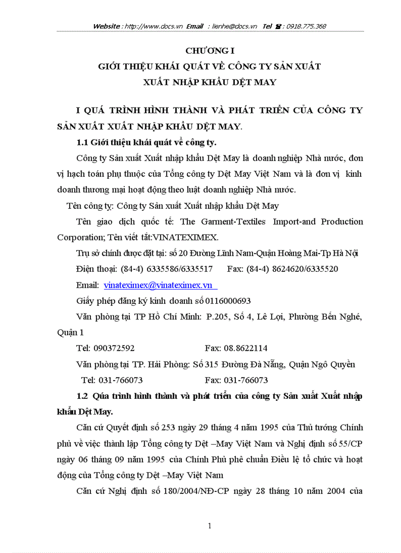 Quá trình hình thành phát triển thực trạng hoạt động sản xuất kinh doanh tại Công ty sản xuất xuất nhập khẩu dệt may