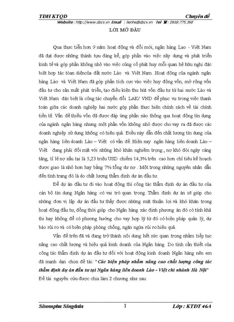 Các biện pháp nhằm nâng cao chất lượng công tác thẩm định dự án đầu tư tại Ngân hàng liên doanh Lào Việt chi nhánh Hà Nội