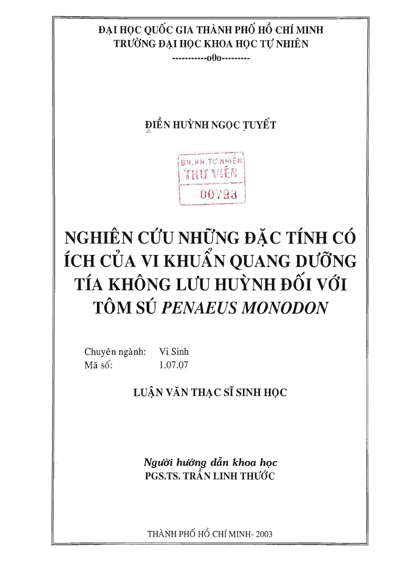 Nghiên cứu những đặc tính có ích của vi khuẩn quang dưỡng tía không lưu huỳnh đối với tôm sú penaeus monodon