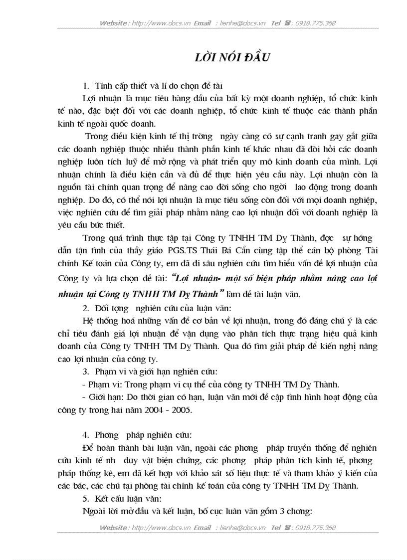 Lợi nhuận một số biện pháp nhằm nâng cao lợi nhuận tại Công ty TNHH TM Dỵ Thành