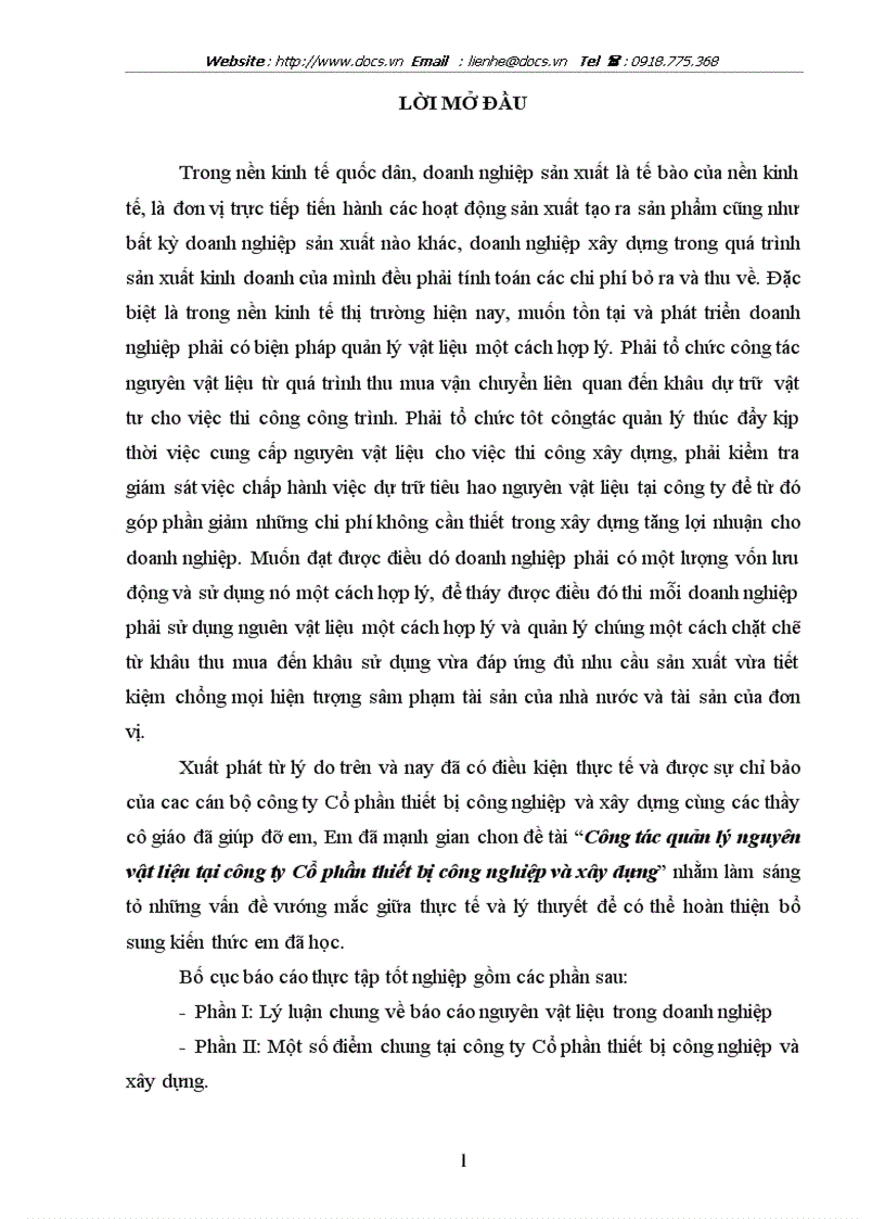 Công tác quản lý nguyên vật liệu tại công ty Cổ phần thiết bị công nghiệp và xây dựng