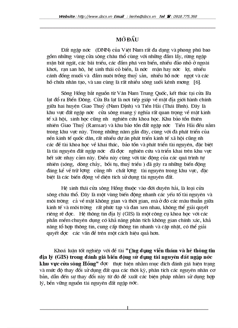 Ứng dụng viễn thám và hệ thông tin địa lý GIS trong đánh giá biến động sử dụng tài nguyên đất ngập nước khu vực cửa sông Hồng