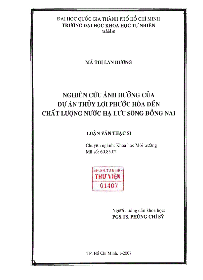 Nghiên cứu ảnh hưởng của dự án thủy lợi phước hòa đến chất lượng nước thải hạ lưu sông đồng nai