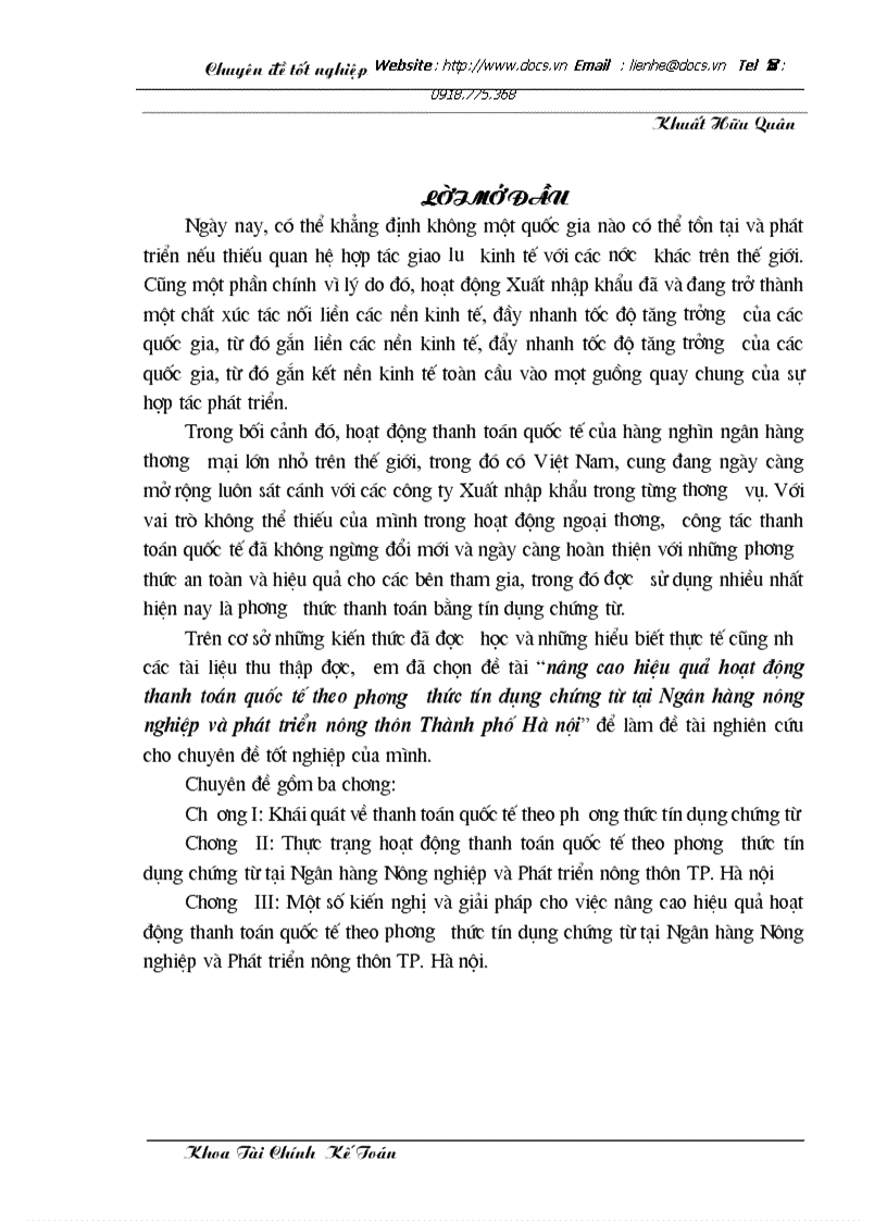 Nâng cao hiệu quả hoạt động thanh toán quốc tế theo phương thức tín dụng chứng từ tại Ngân hàng nông nghiệp và phát triển nông thôn Thành phố Hà nội
