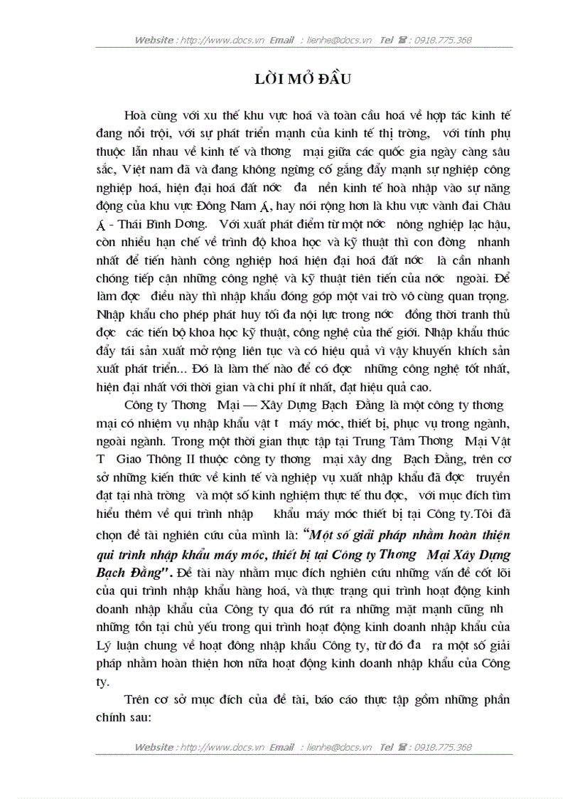 Một số giải pháp nhằm hoàn thiện qui trình nhập khẩu máy móc thiết bị tại Công ty Thương Mại Xây Dựng Bạch Đằng