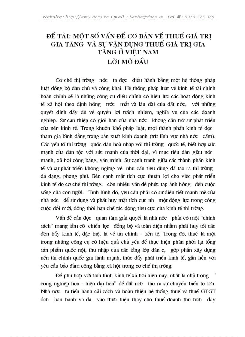 Một số vấn đề cơ bản về thuế giá trị gia tăng và sự vận dụng thuế giá trị gia tăng ở việt nam