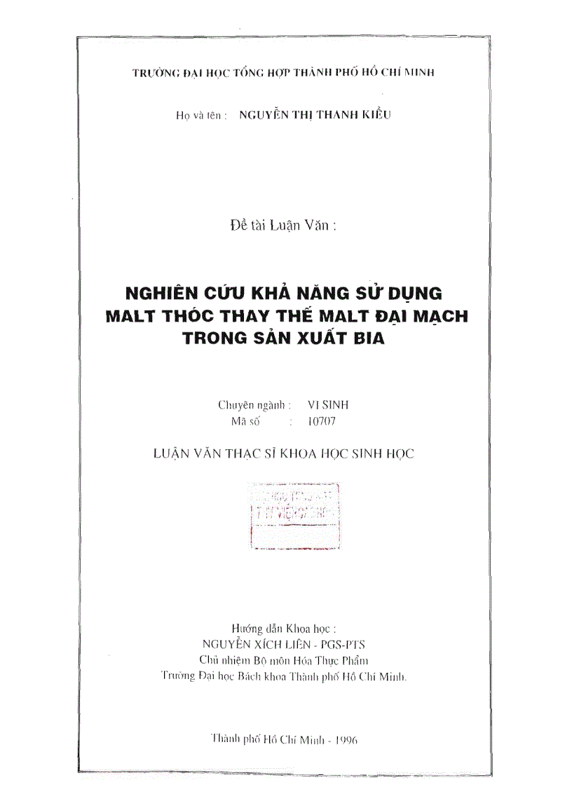 Nghiên cứu khả năng sử dụng malt thóc thay thế malt đại mạch trong sản xuất bia