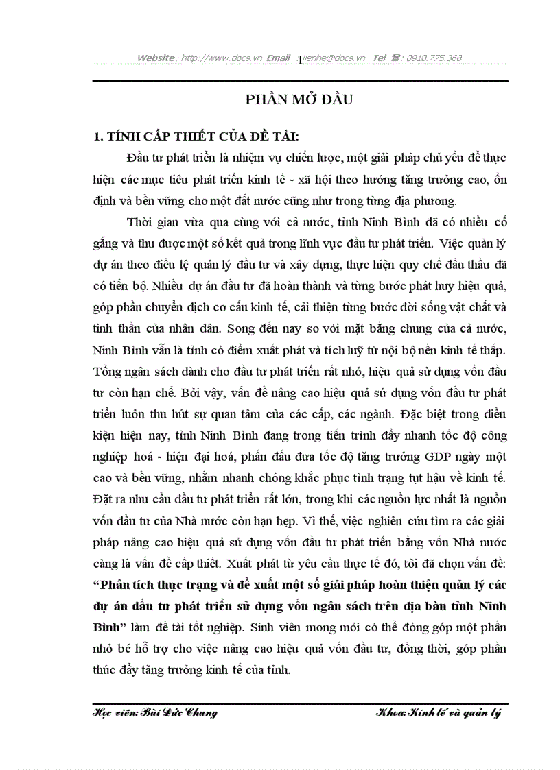 Phân tích thực trạng và đề xuất một số giải pháp hoàn thiện quản lý các dự án đầu tư phát triển sử dụng vốn ngân sách trên địa bàn tỉnh Ninh Bình