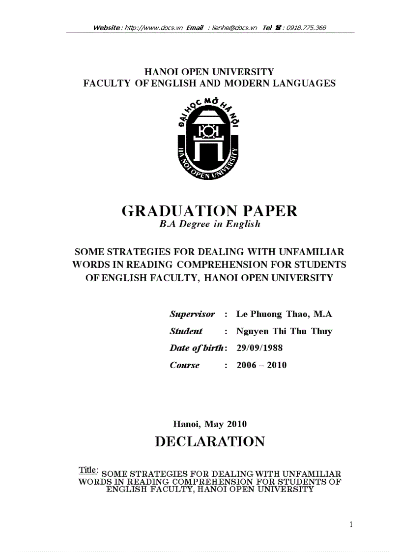 Some strategies for dealing with unfamiliar words in reading comprehension for students of English faculty Hanoi open university