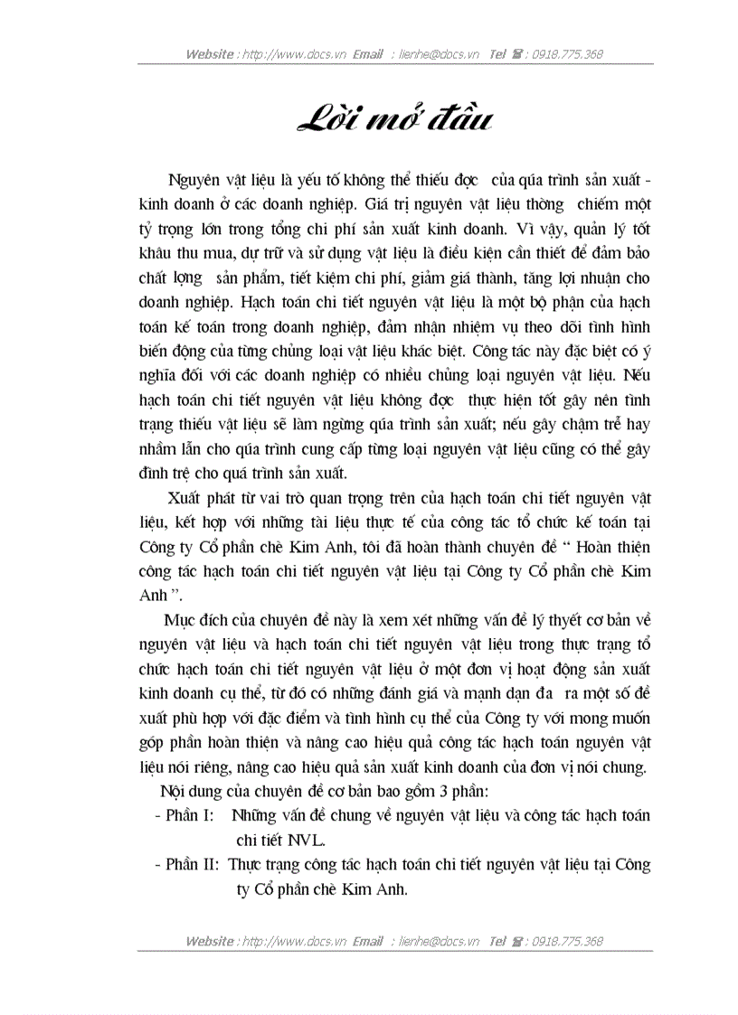 Hoàn thiện công tác hạch toán chi tiết NVL tại Cty CP Chè Kim Anh