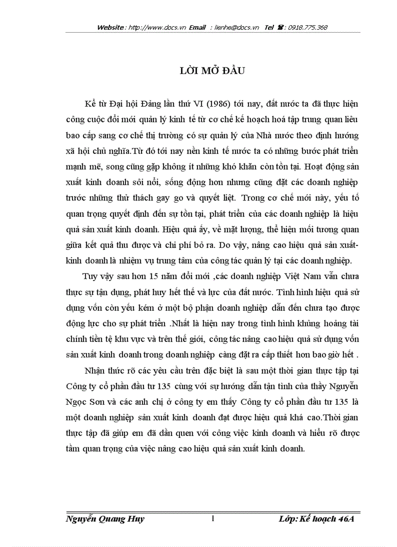 Một số giải pháp góp phần nâng cao hiệu quả sản xuất kinh doanh cho Công ty cổ phần đầu tư 135