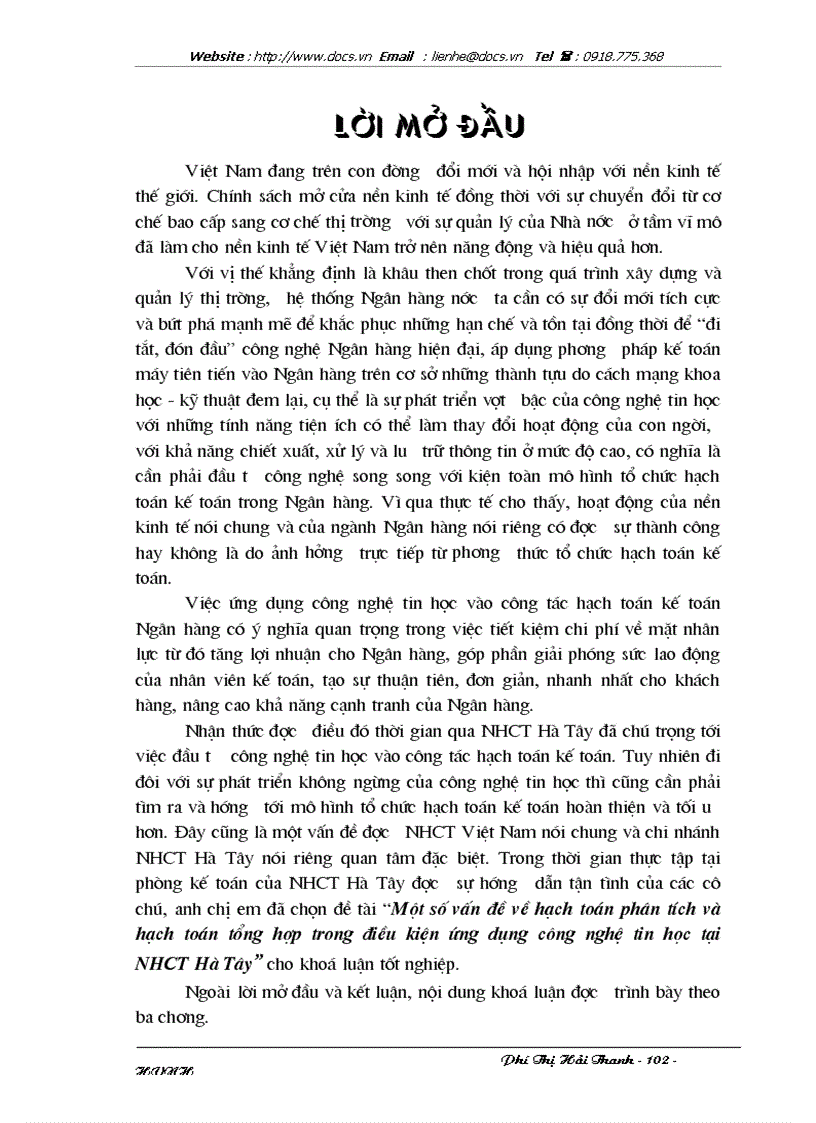 Một số vấn đề về hạch toán phân tích và hạch toán tổng hợp trong điều kiện ứng dụng công nghệ tin học tại NHCT Hà Tây