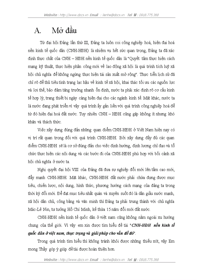 CNH HĐH nền kinh tế quốc dân ở việt nam thực trạng và giải pháp cho vấn đề đó