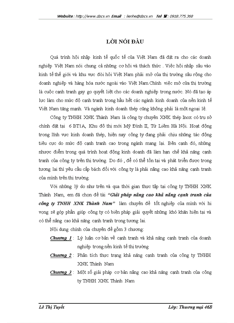 Giải pháp nâng cao khả năng cạnh tranh của công ty TNHH XNK Thành Nam