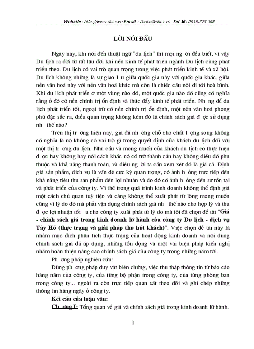 Giá chính sách giá trong kinh doanh lữ hành của công ty Du lịch dịch vụ Tây Hồ thực trạng và giải pháp thu hút khách