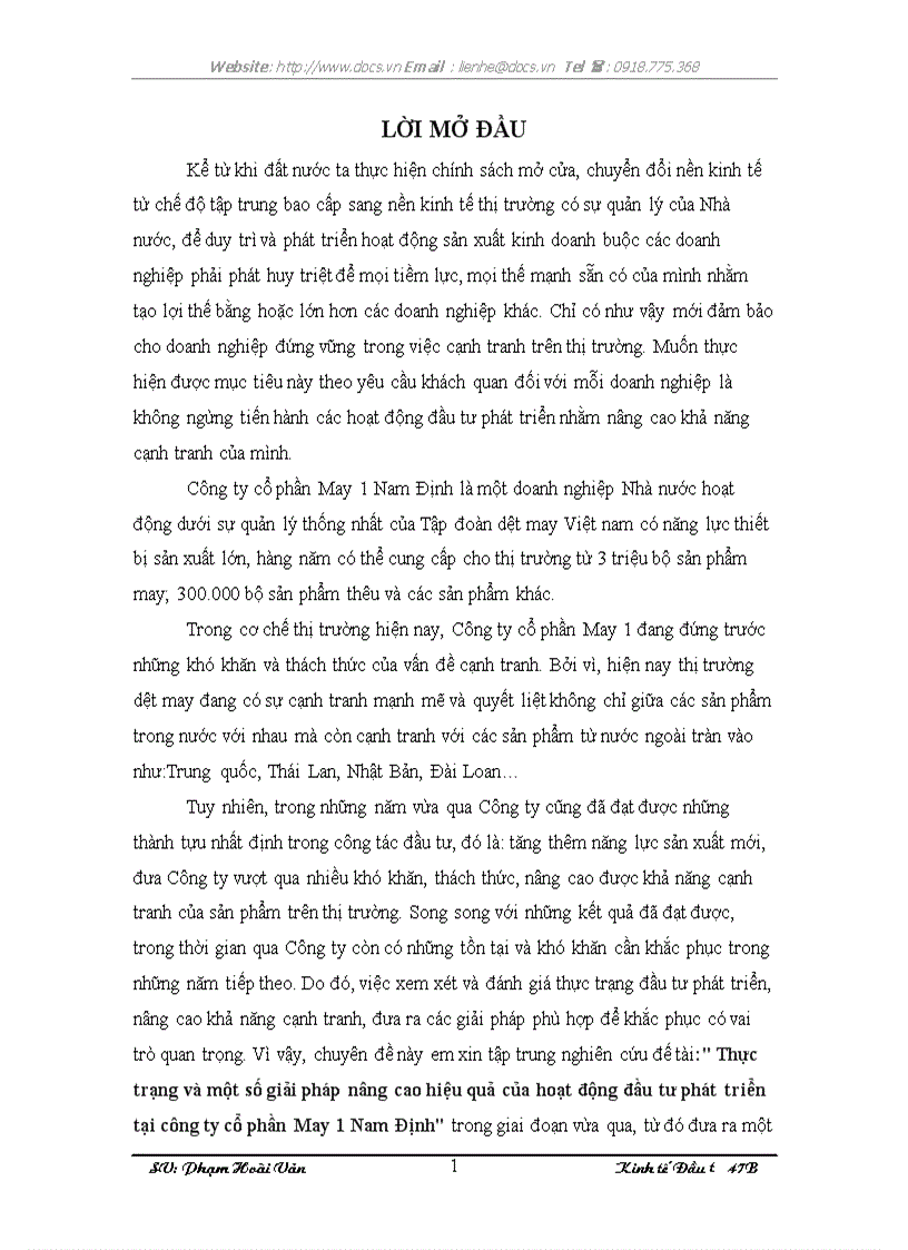 Thực trạng và một số giải pháp nâng cao hiệu quả của hoạt động đầu tư phát triển tại công ty cổ phần May 1 Nam Định