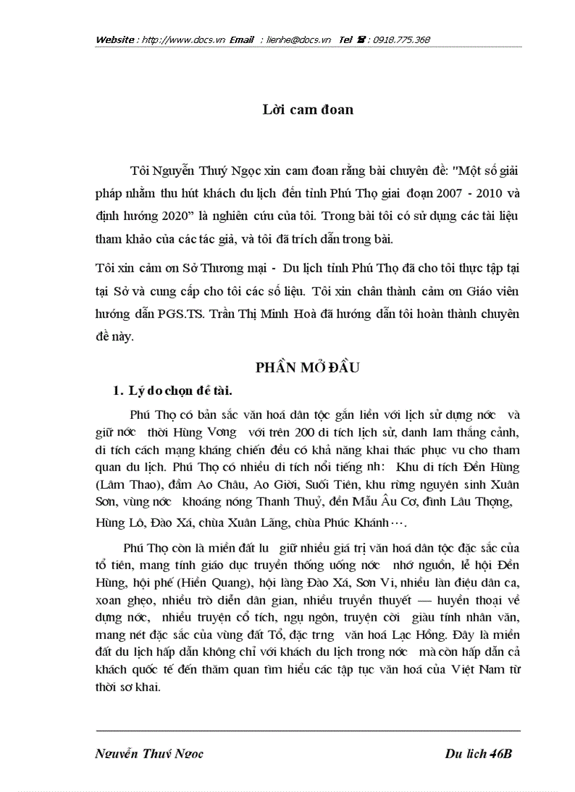 Một số giải pháp nhằm thu hút khách du lịch đến tỉnh Phú Thọ giai đoạn 2007 2010 và định hướng 2020