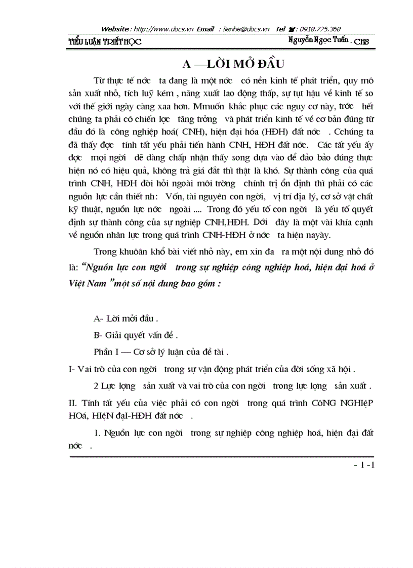 Nguồn lực con người trong sự nghiệp công nghiệp hoá hiện đại hoá ở Việt Nam