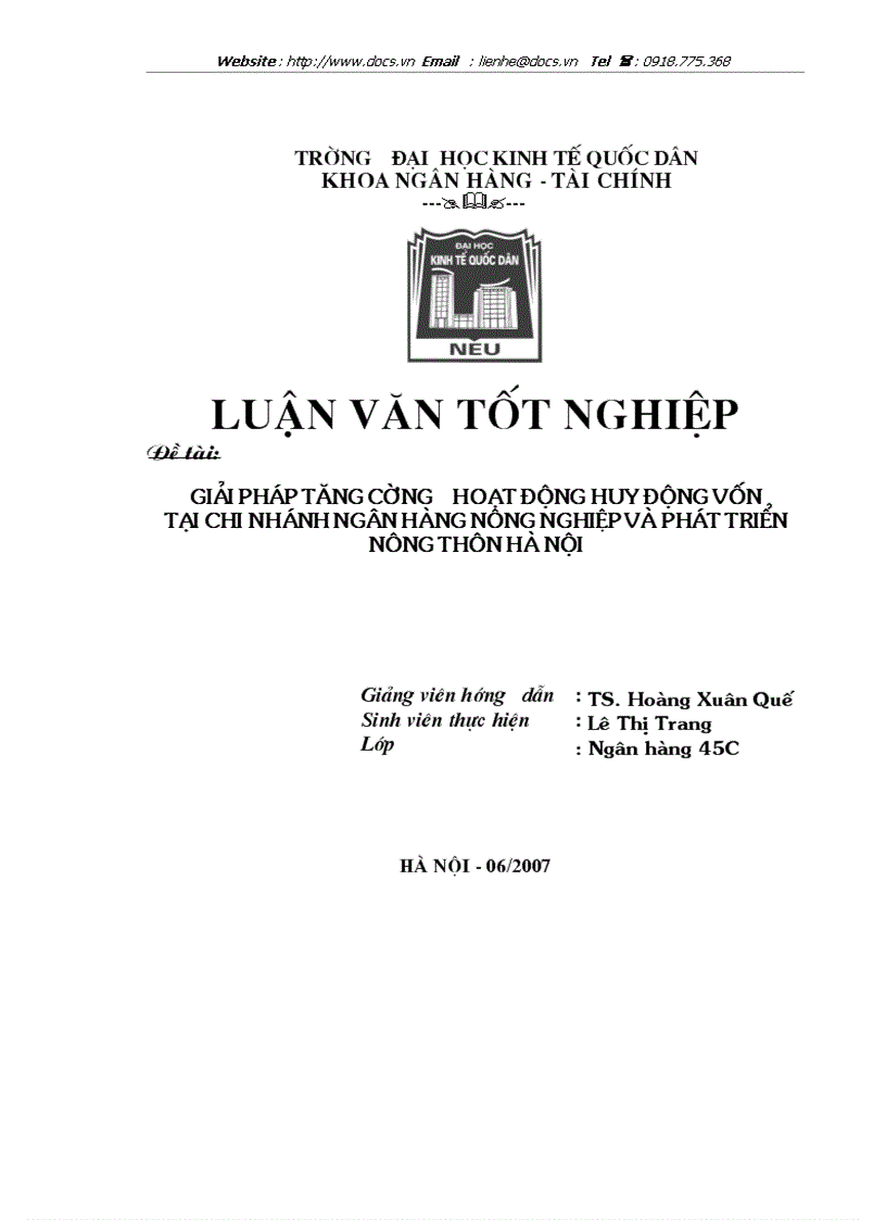 Giải pháp tăng cường hoạt động huy động vốn tại chi nhánh ngân hàng nông nghiệp và phát triển nông thôn hà nội