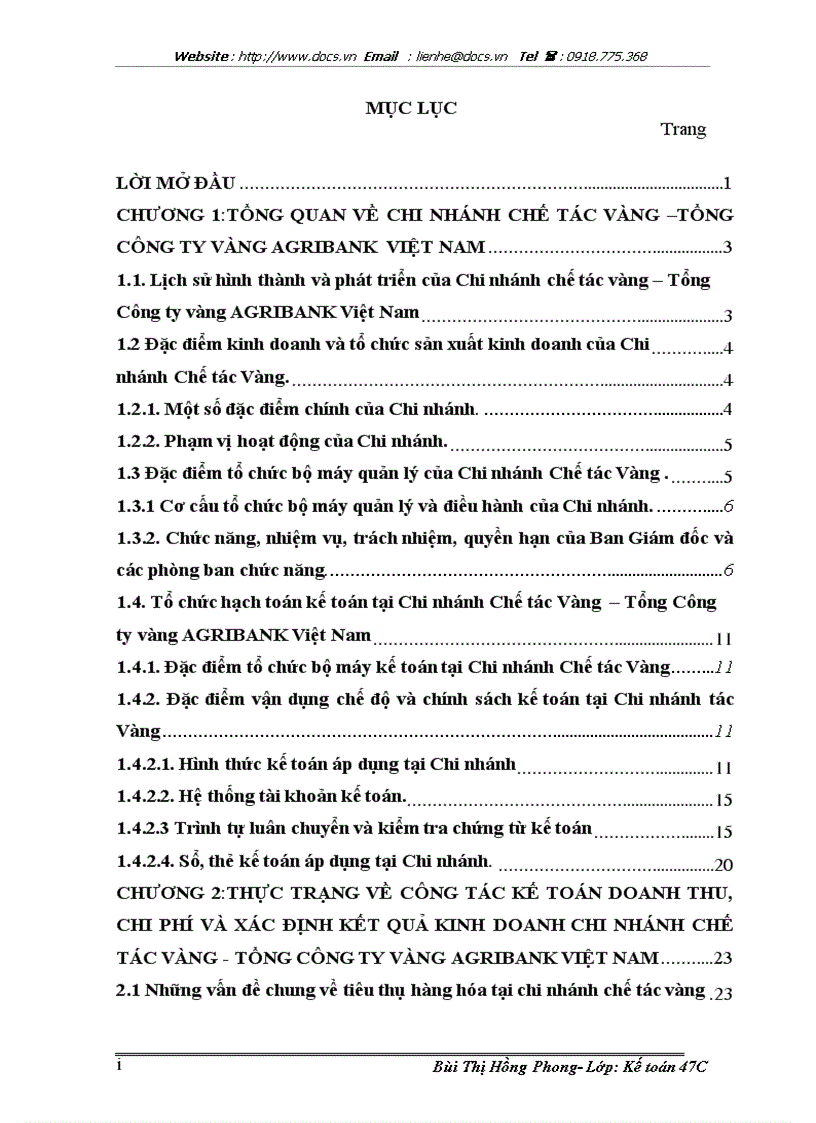 Hoàn thiện kế toán doanh thu chi phí và xác định kết quả kinh doanhi Chi nhánh chế tác vàng Tổng công ty vàng AGRIBANK Việt Nam