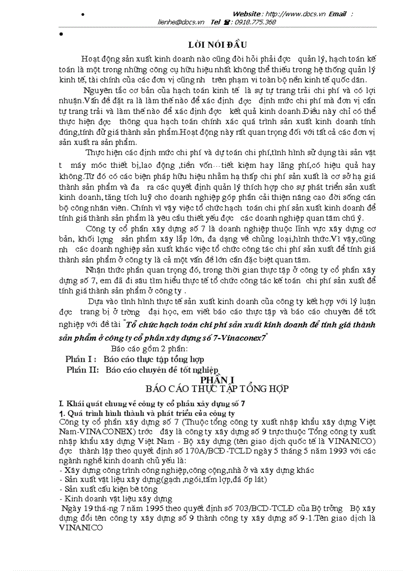 Tổ chức hạch toán chi phí sản xuất kinh doanh để tính giá thành sản phẩm ở công ty cổ phần xây dựng số 7 Vinaconex7
