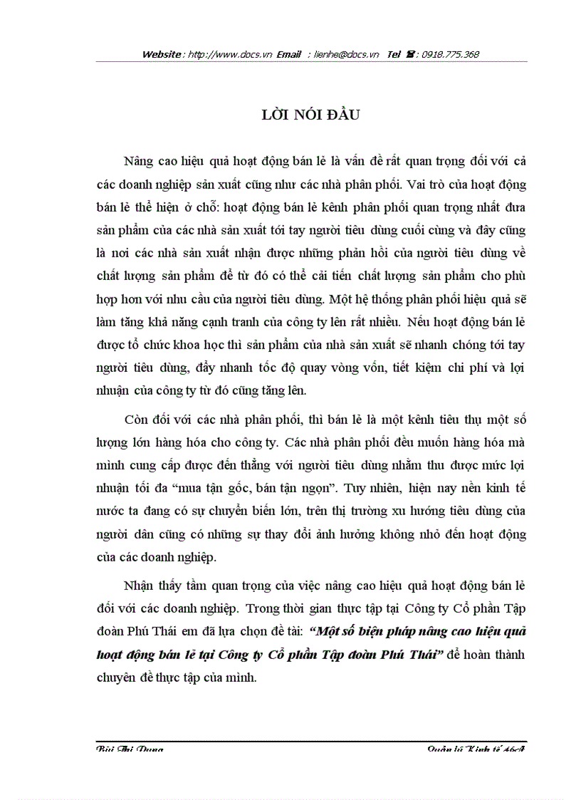 Một số biện pháp nâng cao hiệu quả hoạt động bán lẻ tại Công ty Cổ phần Tập đoàn Phú Thái