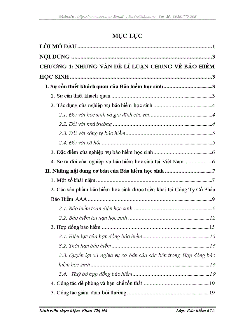 Sản phẩm bảo hiểm học sinh tại Công Ty Cổ Phần Bảo Hiểm AAA thực trạng và một số kiến nghị