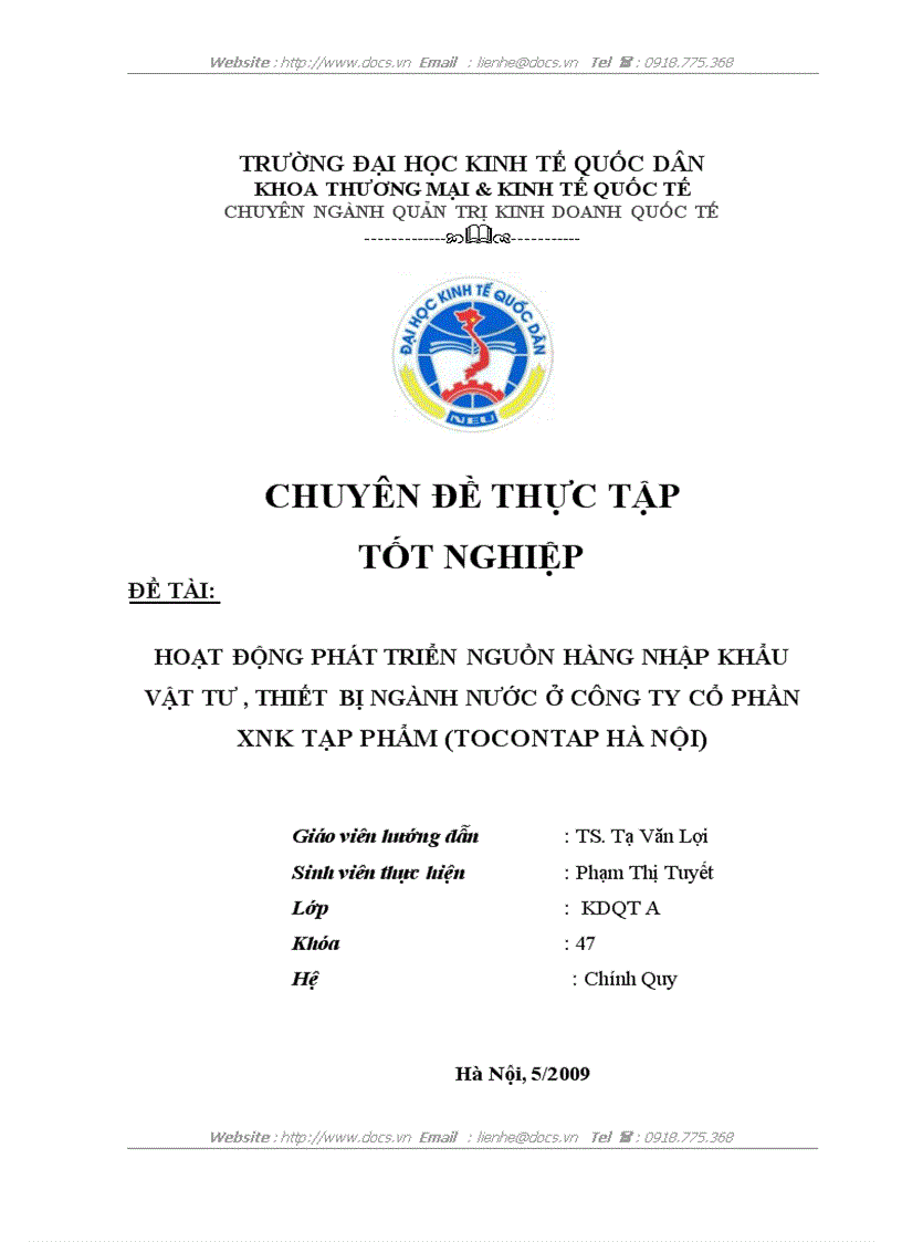 Hoạt động phát triển nguồn hàng nhập khẩu vật tư thiết bị ngành nước ở công ty cổ phần xnk tạp phẩm tocontap hà nội