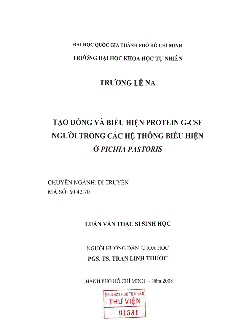 Tạo dòng và biểu hiện protein g csf người trong các hệ thống biểu hiện ở pichia pastoris