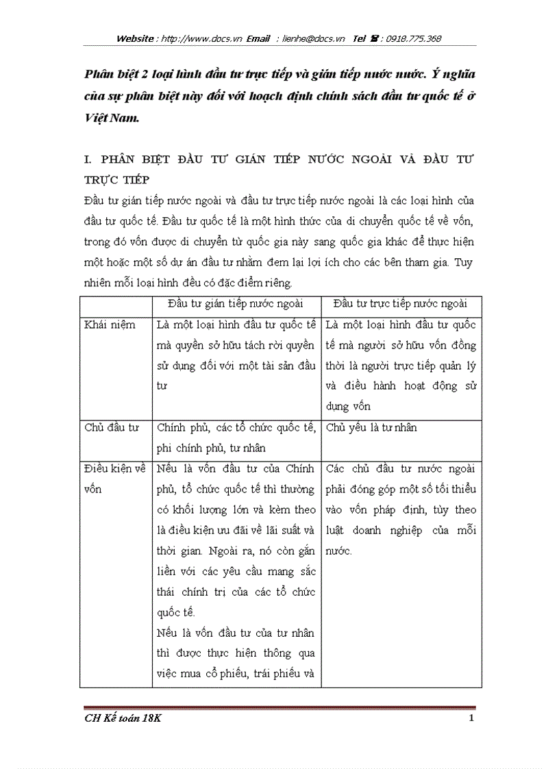 Phân biệt 2 loại hình đầu tư trực tiếp và gián tiếp nước ngoài Ý nghĩa của sự phân biệt này đối với hoạch định chính sách đầu tư quốc tế ở Việt Nam