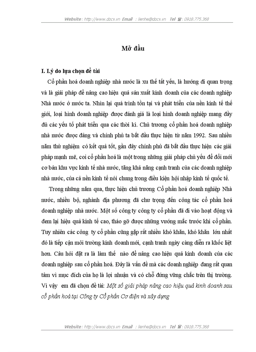 Một số giải pháp nâng cao hiệu quả kinh doanh sau cổ phần hoá tại Công ty Cổ phần Cơ điện và xây dựng