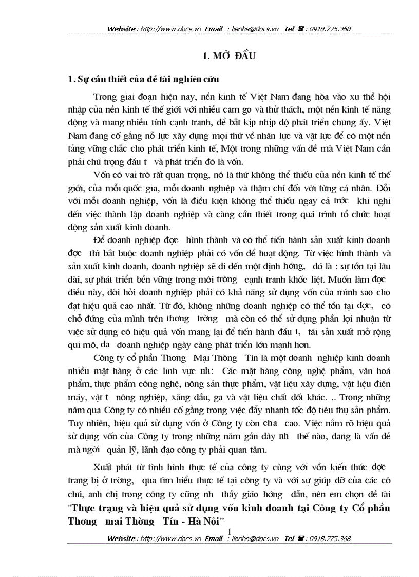 Thực trạng và hiệu quả sử dụng vốn kinh doanh tại Công ty CP Thương mại Thường Tín Hà Nội