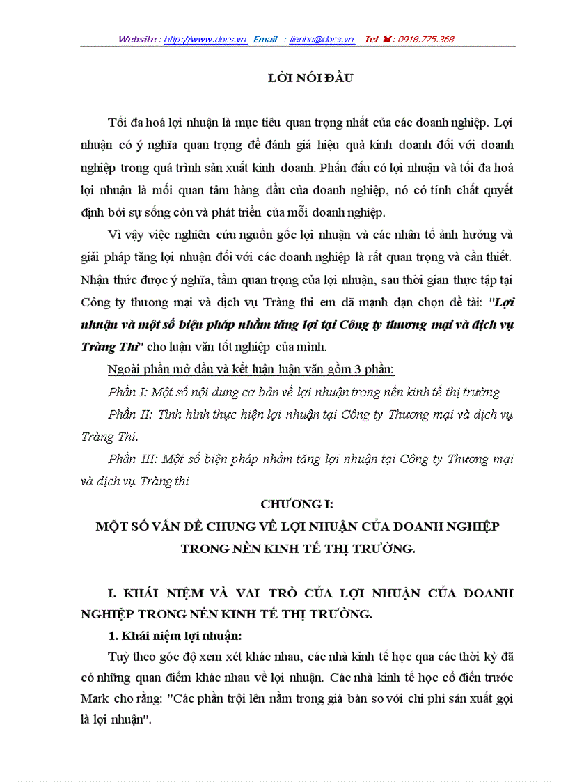 Lợi nhuận và một số biện pháp nhằm tăng lợi tại Công ty thương mại và dịch vụ Tràng Thi