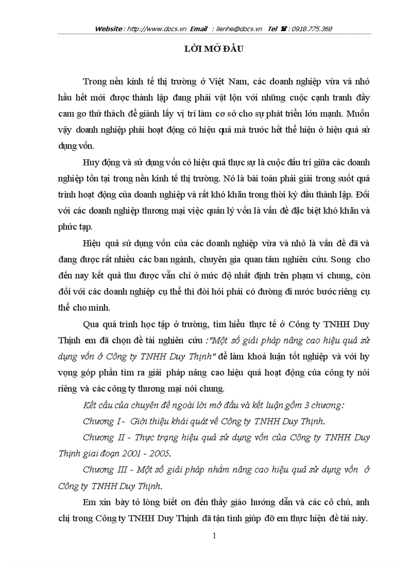 Một số giải pháp nâng cao hiệu quả sử dụng vốn ở Công ty TNHH Duy Thịnh