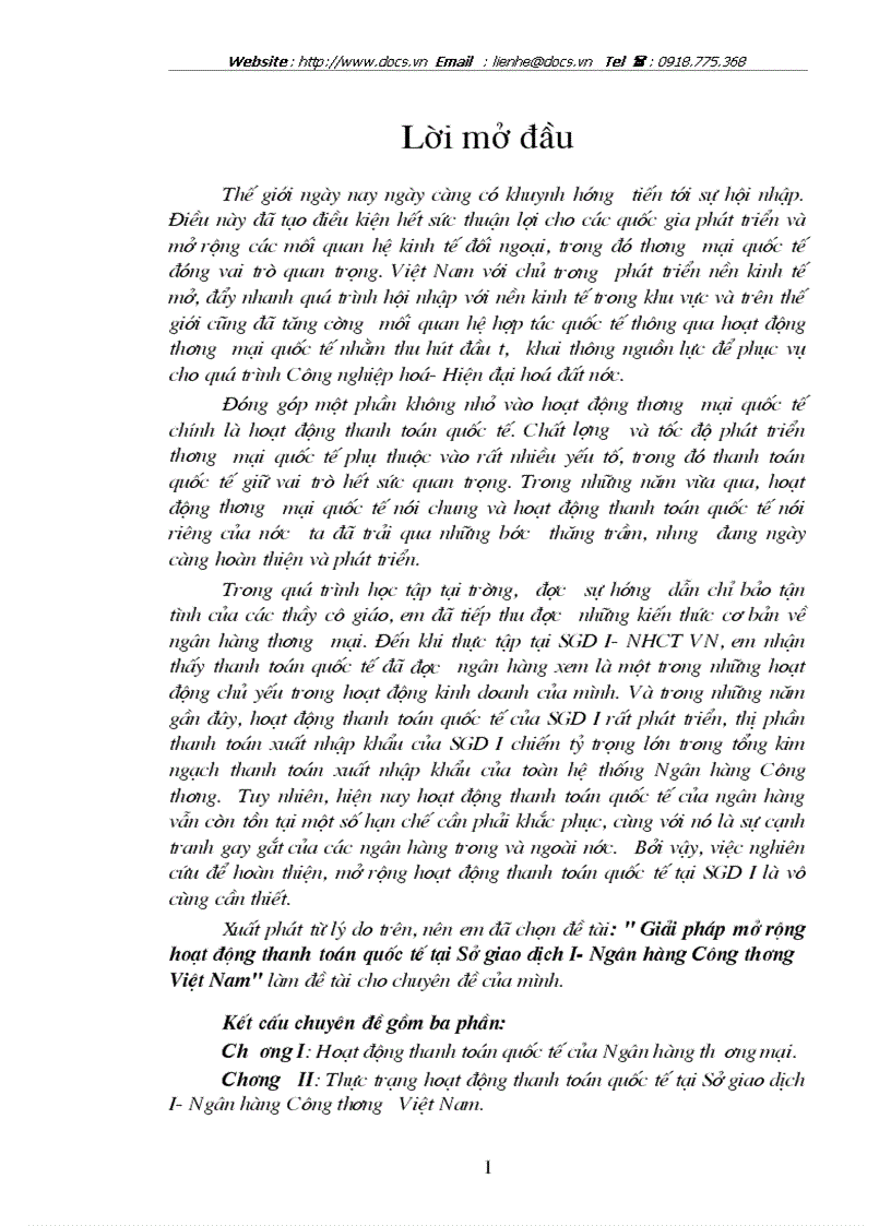 Giải pháp mở rộng hoạt động thanh toán quốc tế tại Sở giao dịch I Ngân hàng Công thương Việt Nam