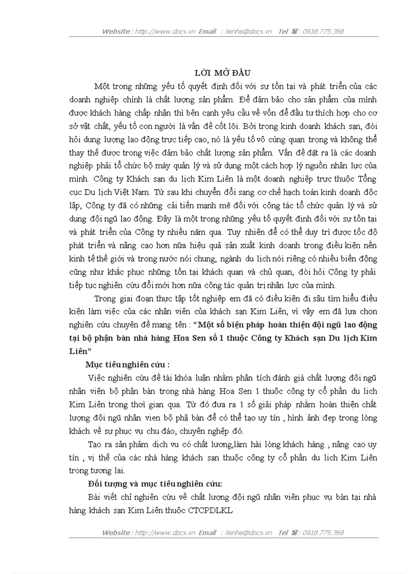 Một số biện pháp hoàn thiện đội ngũ lao động tại bộ phận bàn nhà hàng Hoa Sen số 1 thuộc Công ty Khách sạn Du lịch Kim Liên