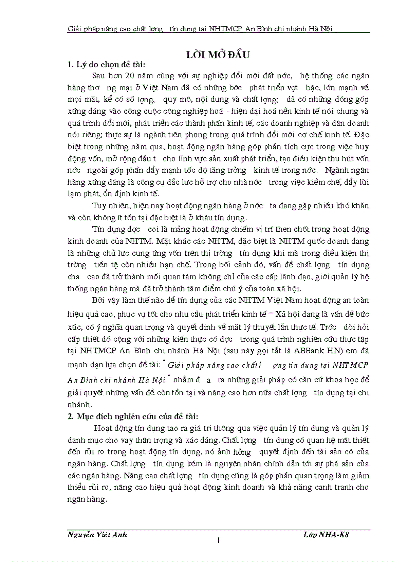 Giải pháp nâng cao chất lượng tín dụng tại NHTMCP An Bình chi nhánh Hà Nội