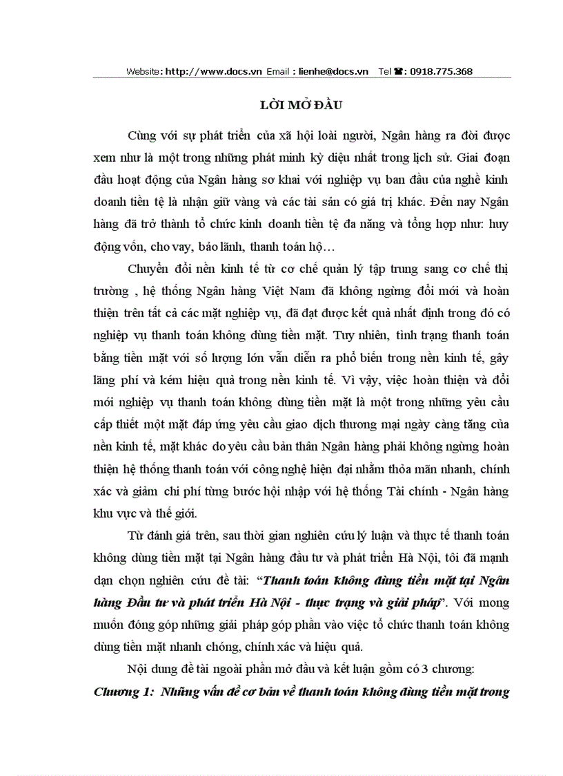 Thanh toán không dùng tiền mặt tại Ngân hàng Đầu tư và phát triển Hà Nội thực trạng và giải pháp