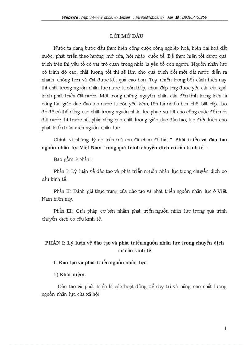 Phát triển và đào tạo nguồn nhân lực Việt Nam trong quá trỡnh chuyển dịch cơ cấu kinh tế