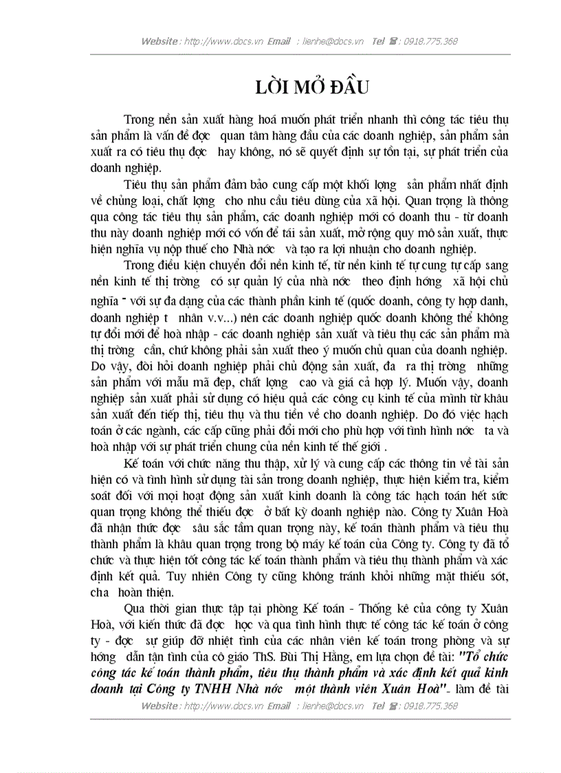Tổ chức công tác kế toán thành phẩm tiêu thụ thành phẩm và xác định kết quả kinh doanh tại Công ty TNHH Nhà nước một thành viên Xuân Hoà