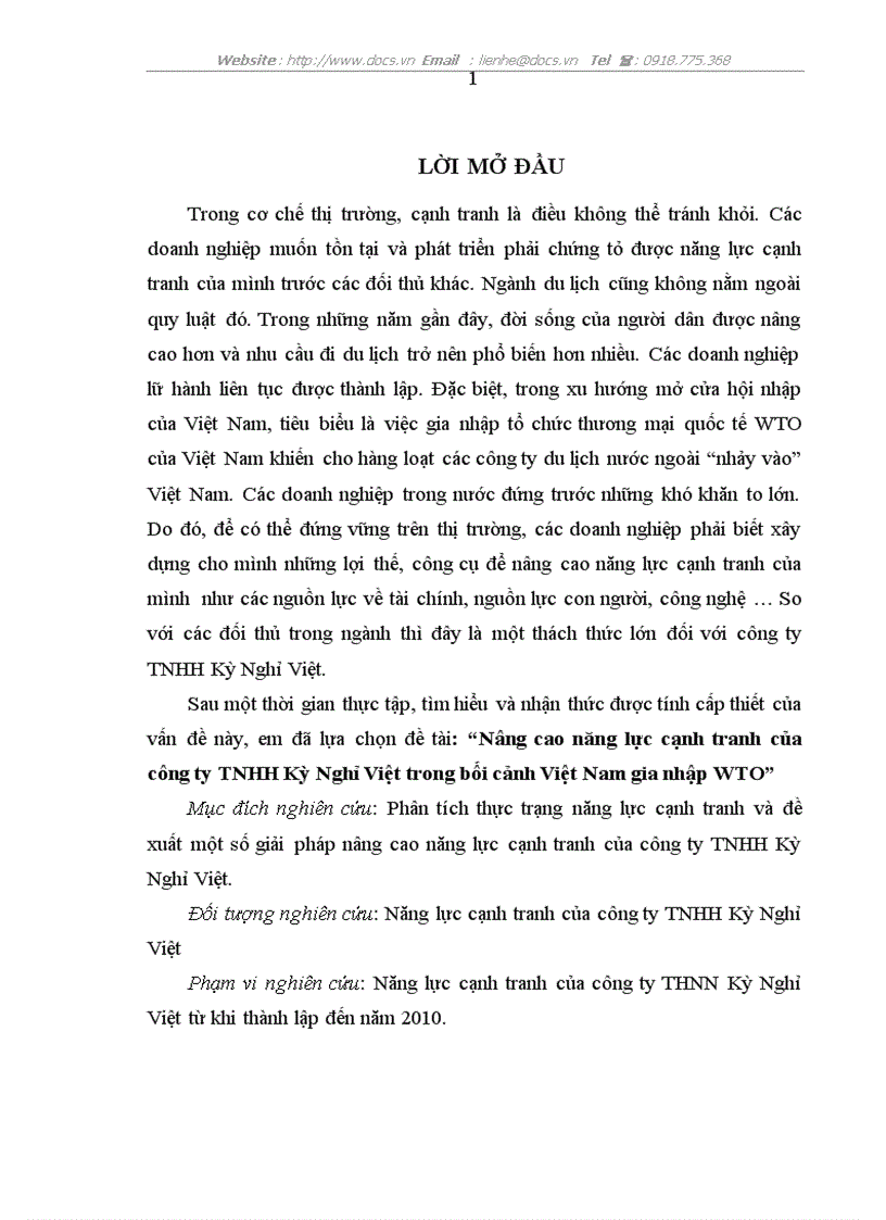 Nâng cao năng lực cạnh tranh của công ty TNHH Kỳ Nghỉ Việt trong bối cảnh Việt Nam gia nhập WTO