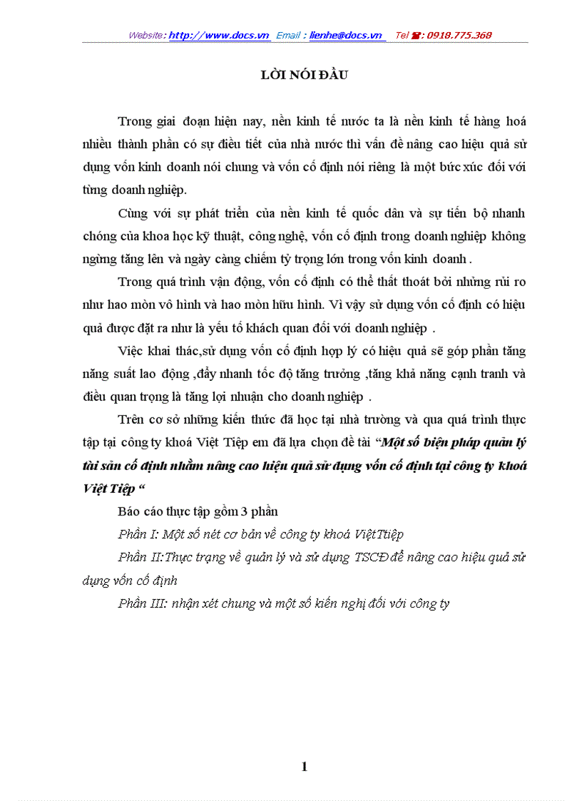Một số biện pháp quản lý tài sản cố định nhằm nâng cao hiệu quả sử dụng vốn cố định tại công ty khoá Việt Tiệp