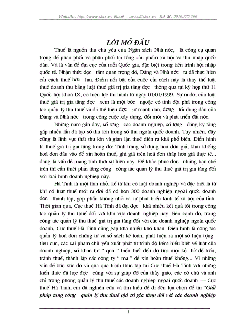 Giải pháp tăng cường quản lý thu thuế giá trị gia tăng đối với các doanh nghiệp ngoài quốc doanh trên địa bàn tỉnh Hà Tĩnh