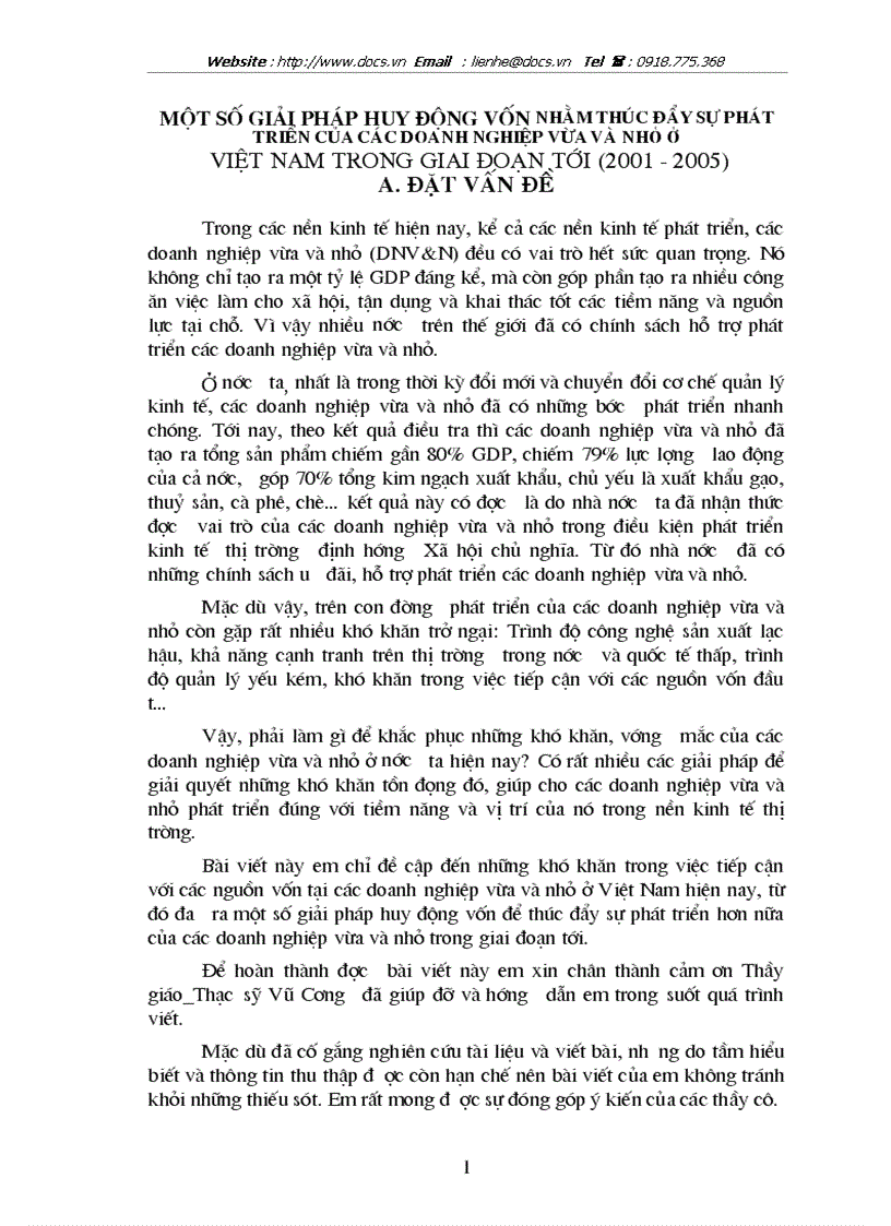 Một số giải pháp huy động vốn nhằm thúc đẩy sự phát triển của các doanh nghiệp vừa và nhỏ ở việt nam trong giai đoạn tới 2001 2005