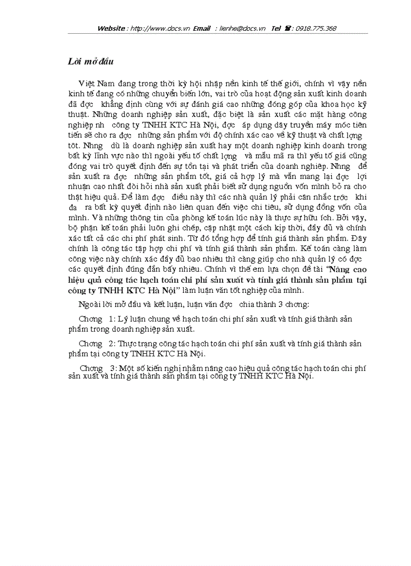 Nâng cao hiệu quả công tác hạch toán chi phí sản xuất và tính giá thành sản phẩm tại công ty TNHH KTC Hà Nội