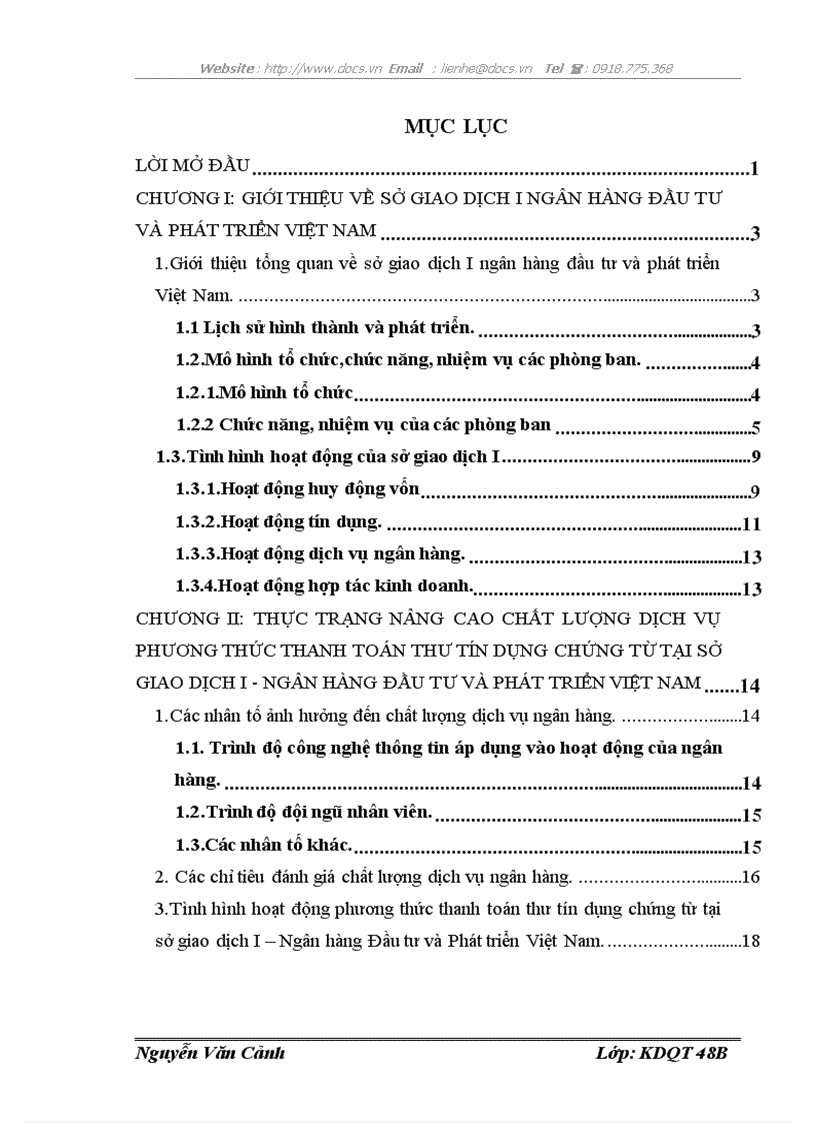 Nâng cao chất lượng dịch vụ phương thức thanh toán thư tín dụng chứng từ L C đối với hàng nhập khẩu tại sở giao dịch I BIDV